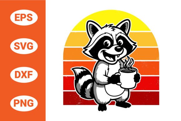 Cute Raccoon with Coffee Retro Sunset